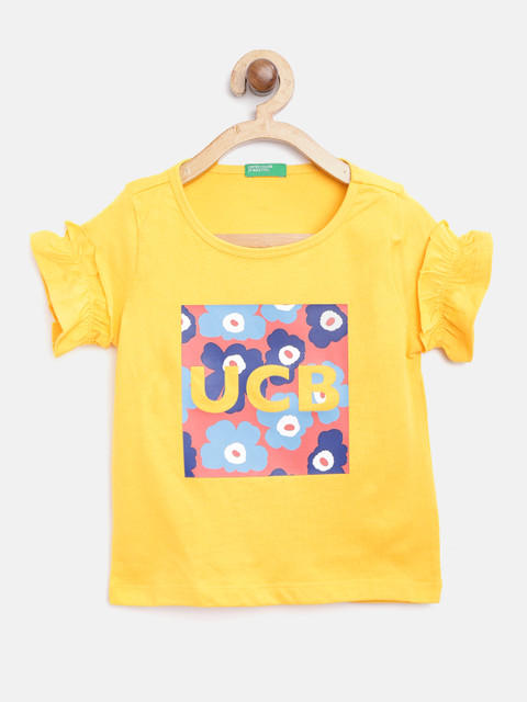 

United Colors of Benetton Girls Yellow Printed Pure Cotton Top