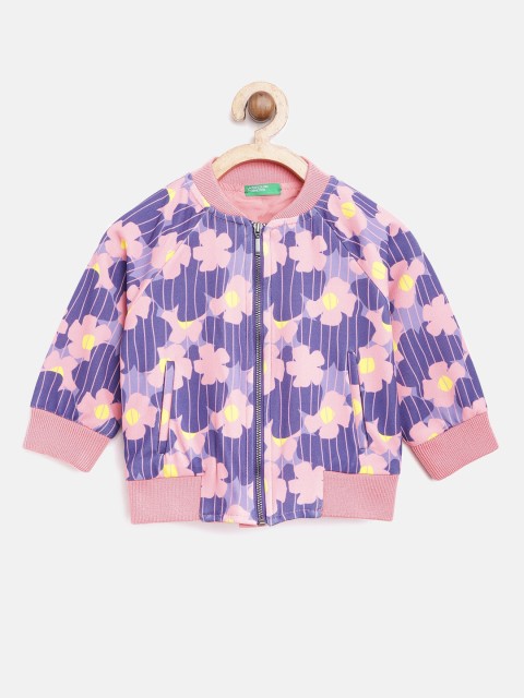 

United Colors of Benetton Girls Blue & Pink Printed Bomber Jacket with Striped Detail