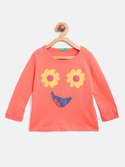 

United Colors of Benetton Girls Coral Orange Printed Round Neck T-shirt