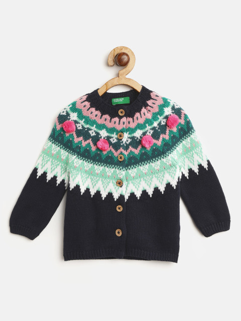 

United Colors of Benetton Girls Navy Blue & Green Fair Isle Self-Design Cardigan