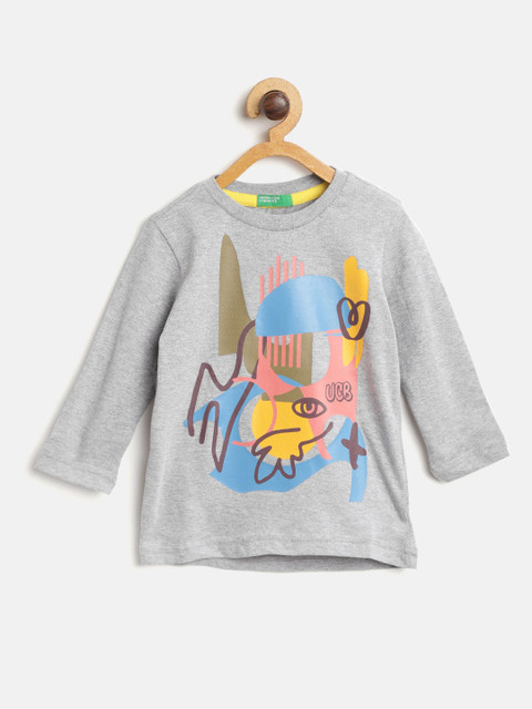 

United Colors of Benetton Boys Grey Melange & Blue Printed Round Neck T-shirt