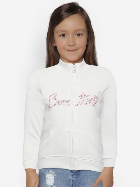

United Colors of Benetton Girls White Solid Front-Open Sweatshirt with Embellished Detail
