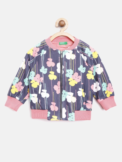 

United Colors of Benetton Girls Navy Blue & Pink Printed Bomber Jacket