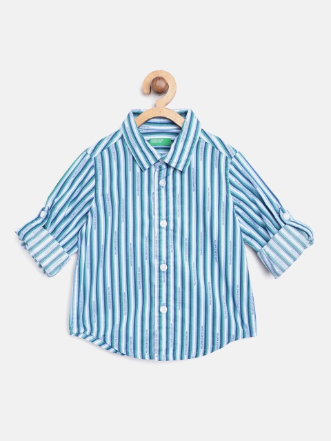 

United Colors of Benetton Boys Blue & Green Striped Casual Shirt with Printed Detail