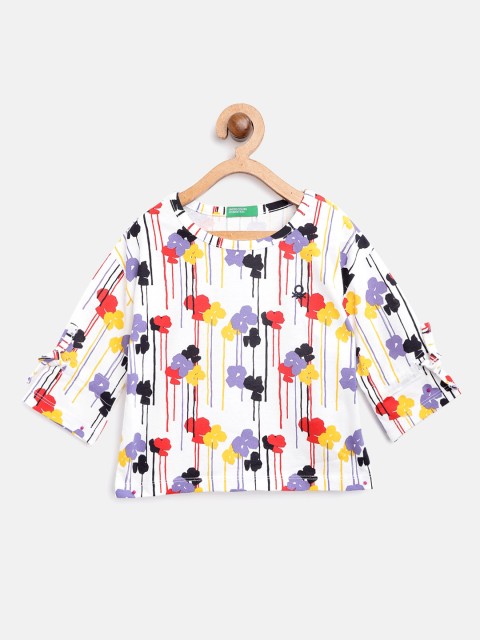 

United Colors of Benetton Girls White & Purple Floral Print Pure Cotton Top