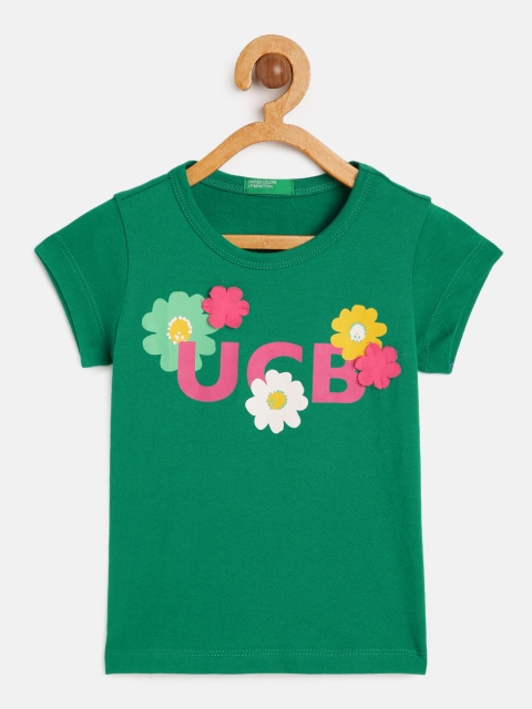 

United Colors of Benetton Girls Green Pure Cotton Floral Printed Applique T-shirt