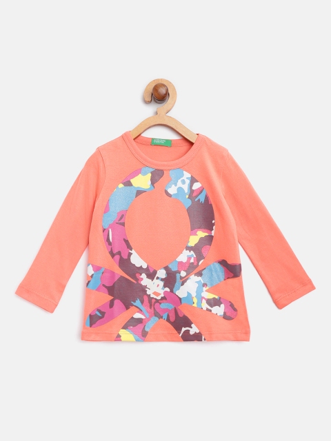 

United Colors of Benetton Girls Coral Orange & Blue Printed Round Neck T-shirt