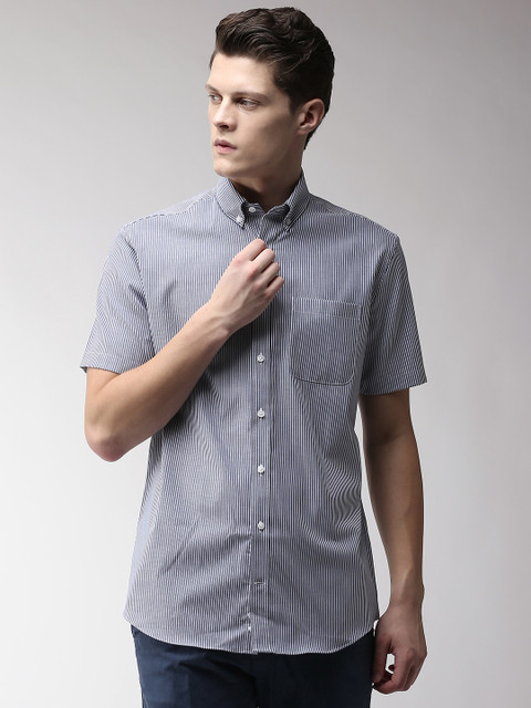 

Marks & Spencer Men Navy Blue & Off-White Tailored Fit Striped Casual Shirt