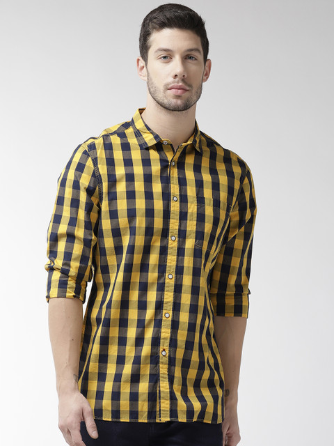 

Marks & Spencer Men Navy Blue & Mustard Yellow Slim Fit Checked Casual Shirt