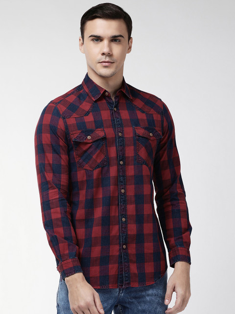 

Marks & Spencer Men Red & Navy Blue Slim Fit Checked Casual Shirt