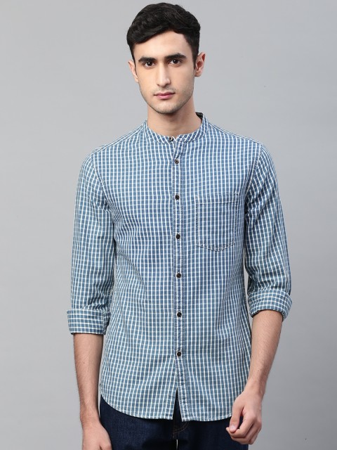 

Marks & Spencer Men Blue & White Slim Fit Denim Checked Casual Shirt