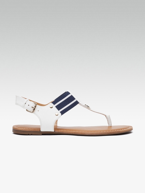 

Tommy Hilfiger Women White & Navy Blue Striped T-Strap Flats