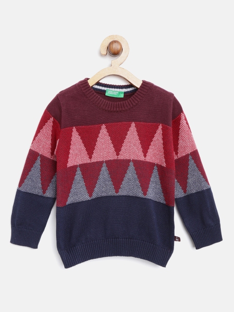 

United Colors of Benetton Boys Maroon & Navy Blue Self Design Sweater