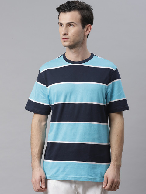 

Marks Spencer Men Blue White Striped Round Neck Pure Cotton T-shirt