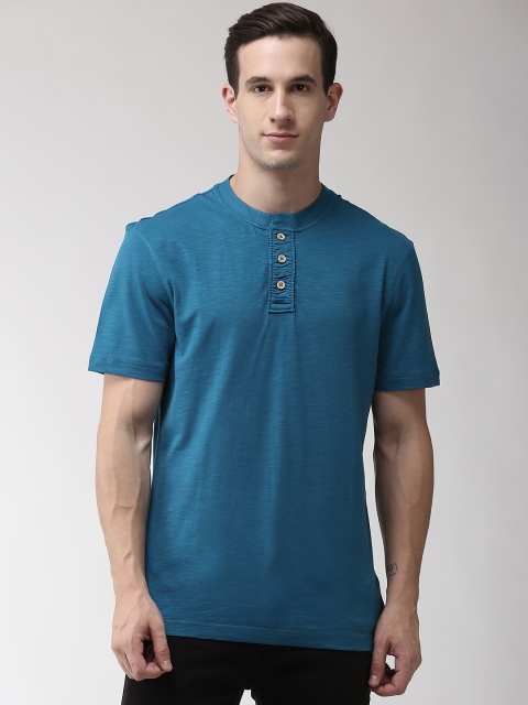 

Marks & Spencer Men Teal Blue Solid Mandarin Collar T-shirt