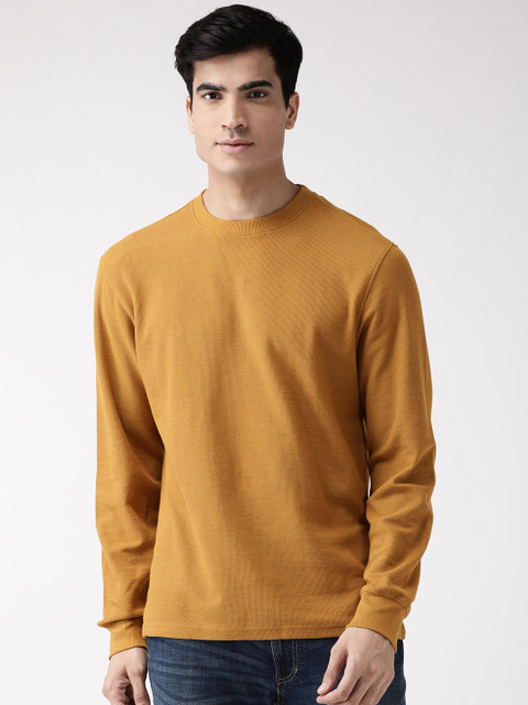 

Marks & Spencer Men Mustard Yellow Self Design Round Neck T-shirt