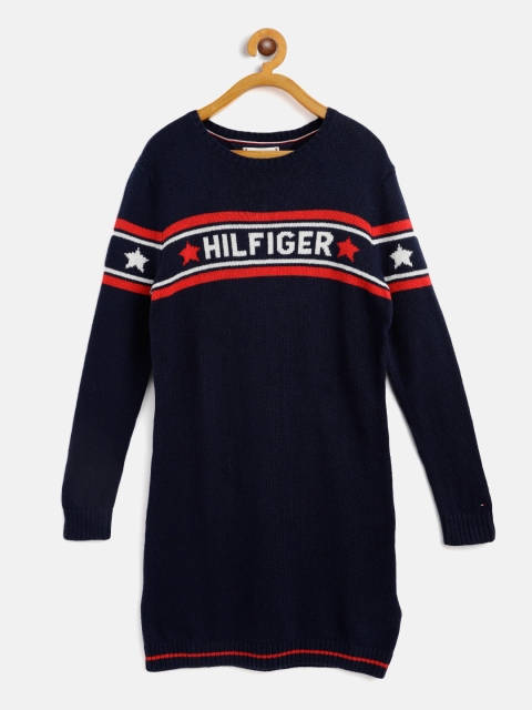 

Tommy Hilfiger Girls Navy Blue & Red Brand Logo Patterned Sweater Dress