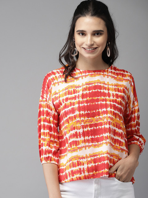 

HERE&NOW Women Red & Mustard Yellow Printed Top