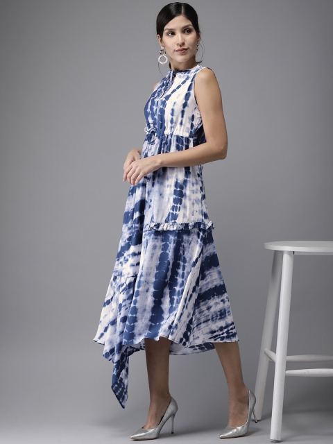 

HERE&NOW Women Dyed Blue & White Fit and Flare Dress
