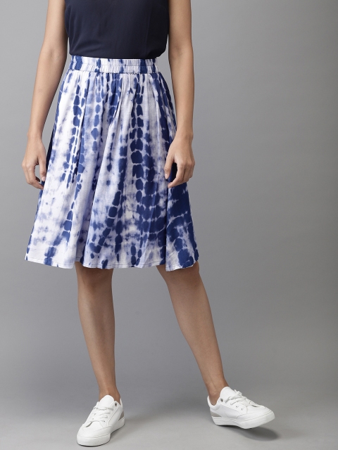 

HERE&NOW Women Navy Blue & White Printed Flared Knee-Length Skirt