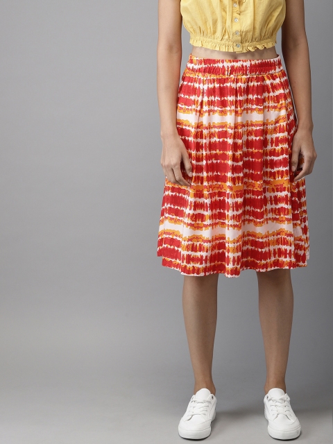 

HERE&NOW Women Red & Mustard Yellow Printed Flared Knee-Length Skirt