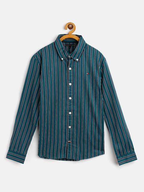 

Tommy Hilfiger Boys Teal Green & Navy Blue Regular Fit Striped Pure Cotton Casual Shirt