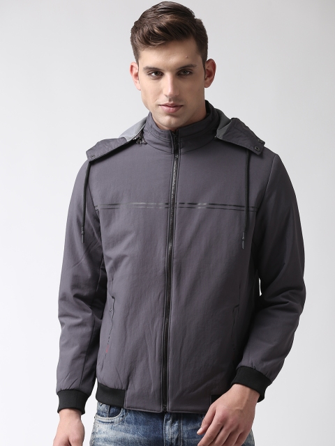 

Fort Collins Men Grey Solid Bomber Jacket with Detachable Hood
