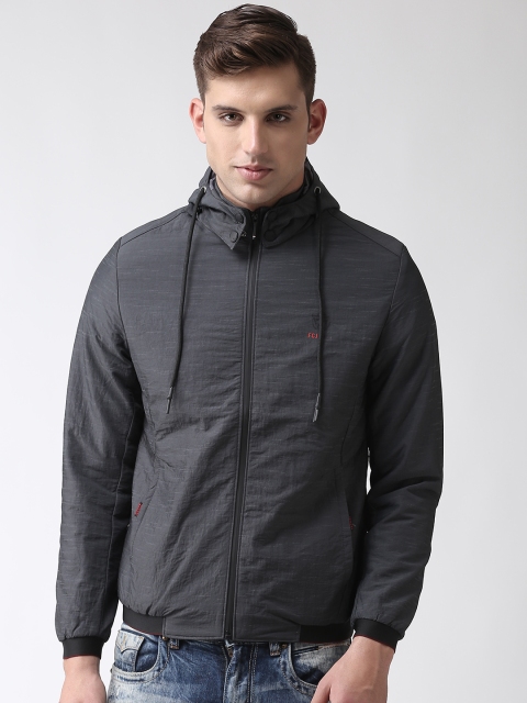

Fort Collins Men Charcoal Grey Solid Bomber Jacket with Detachable Hood