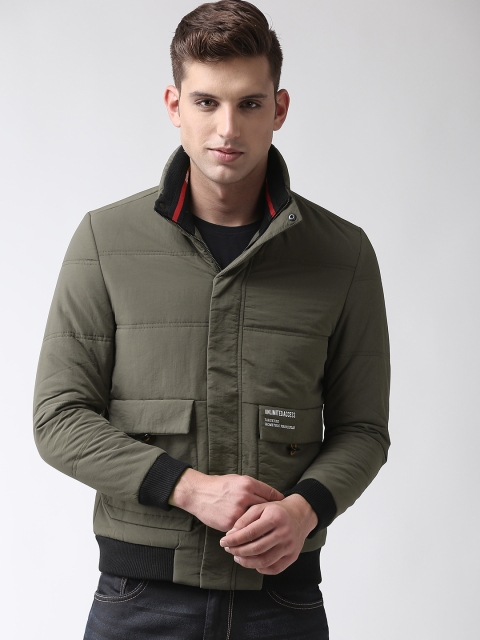 

Fort Collins Men Olive Green Solid Bomber Padded Jacket