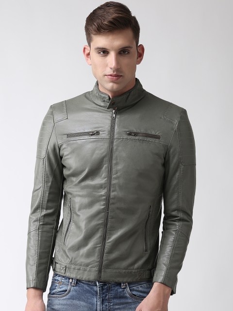 

Fort Collins Men Olive Green Solid Biker Jacket