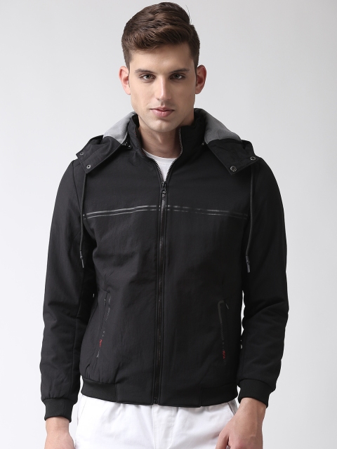 

Fort Collins Men Black Solid Bomber Jacket with Detachable Hood