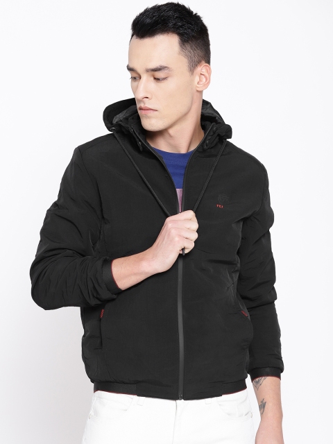 

Fort Collins Men Black Solid Bomber Jacket with Detachable Hood