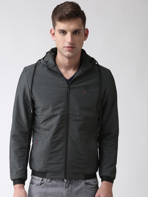 

Fort Collins Men Olive Green Solid Bomber Jacket with Detachable Hood