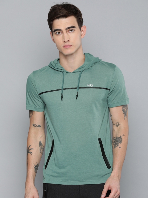 

HRX by Hrithik Roshan Men Teal Green Solid Rapid Dry Antimicrobial Active Hood T-shirt
