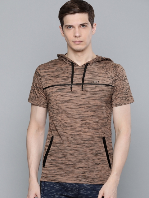 

HRX by Hrithik Roshan Men Brown Self Design Hood Rapid Dry Antimicrobial Active T-shirt