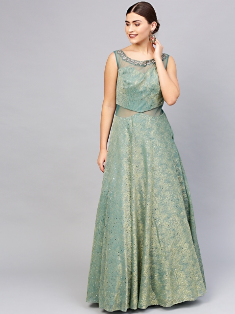 

Chhabra 555 Women Sea Green & Golden Embellished Made to Measure Cocktail Gown
