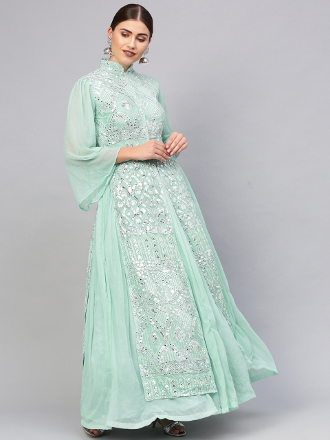 

Chhabra 555 Women Sea-Green & Silver Embellished Made to Measure Layered Cocktail Gown