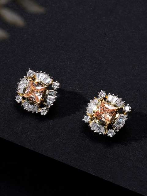 

Rubans Gold-Plated & White Handcrafted CZ Stone Studded Circular Studs