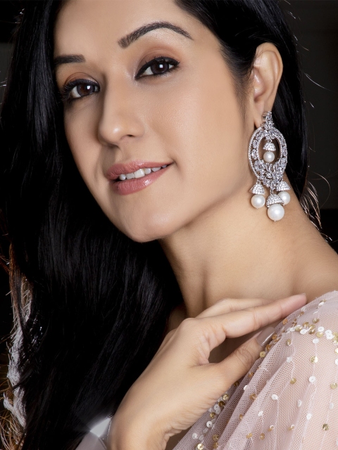 

Rubans Silver-Plated & White Handcrafted CZ Studded Circular Drop Earrings