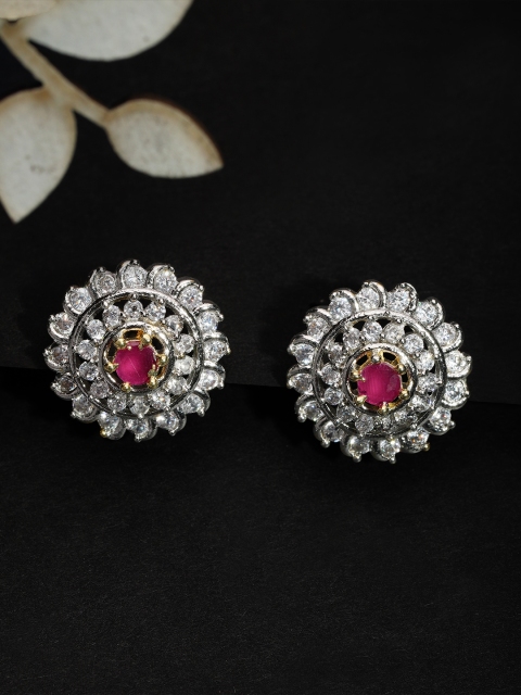 

Rubans Gold-Plated & White Handcrafted CZ Studded Circular Studs