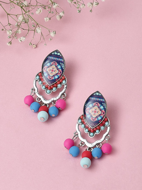 

Rubans Silver-Plated & Pink Enamel Handcrafted Bead Studded Contemporary Drop Earrings