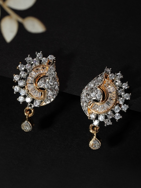 

Rubans Gold-Plated & White Handcrafted CZ Studded Contemporary Drop Earrings