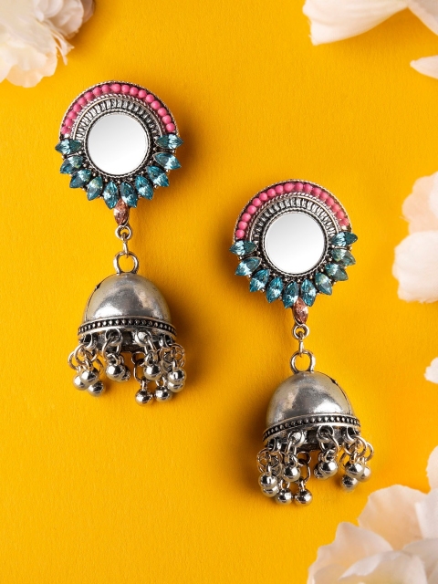 

Rubans Silver-Plated & Blue Handcrafted Dome Shaped Jhumkas