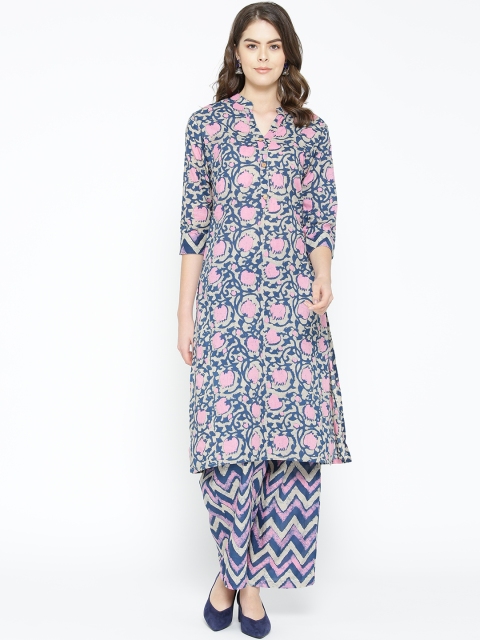 

Sringam Women Navy Blue & Pink Printed Kurta with Palazzos