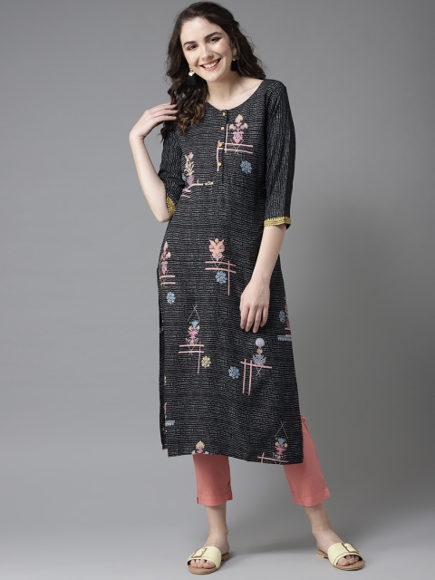 

HERE&NOW Women Black & Blue Floral Printed Straight Kurta
