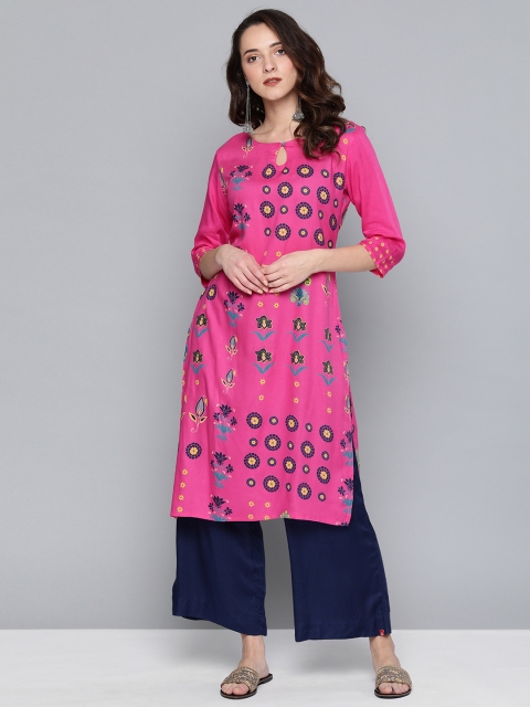 

HERE&NOW Women Pink & Navy Blue Printed Straight Kurta