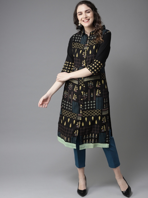 

HERE&NOW Women Black & Yellow Printed Straight Kurta
