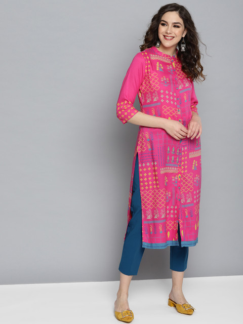 

HERE&NOW Women Pink & Yellow Printed Straight Kurta