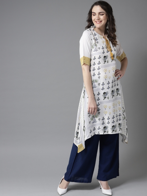 

HERE&NOW Women Off-White & Blue Floral Printed A-Line Kurta
