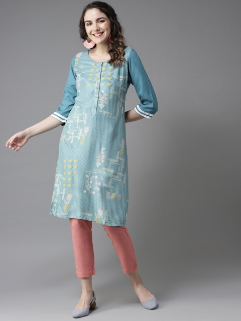 

HERE&NOW Women Blue & Off-White Printed Straight Kurta